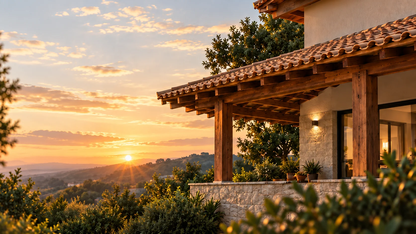 Casa colonial com grande telhado de telhas cerâmicas e varanda de madeira ao pôr do sol